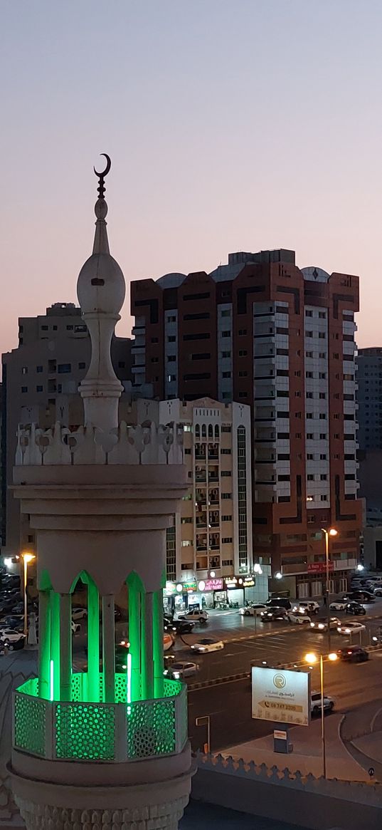 mosque, city, green, night, night city, masjid