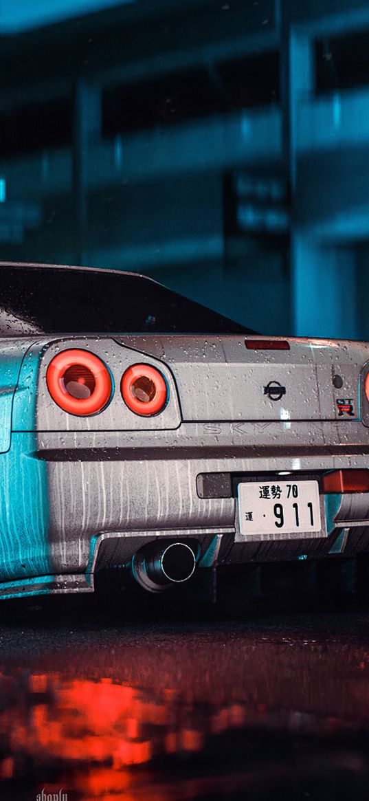 nissan gtr, auto, jdm, r34, rain, road