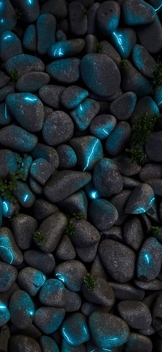 rocks, stone, grass, light, neon