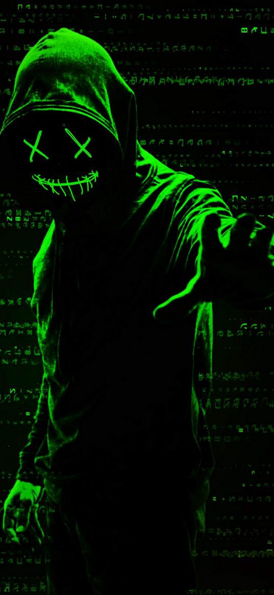 hacker, mask, smile, code, green