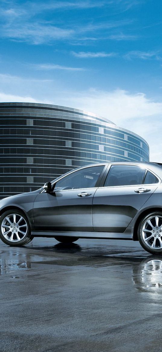 acura, tsx, 2006, metallic gray, side view, style, cars, reflection, wet asphalt, buildings, clouds