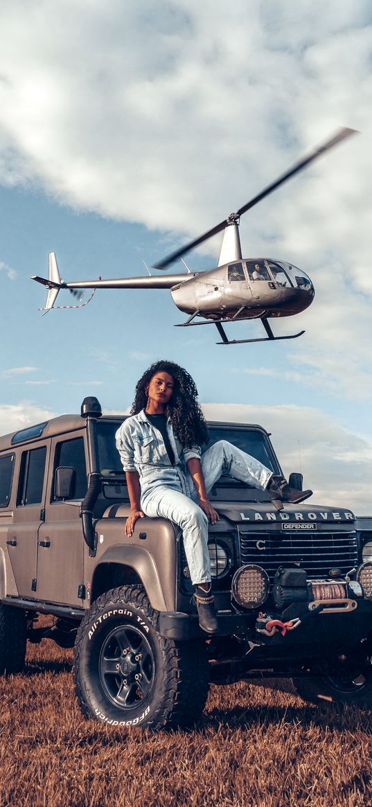 land rover, car, girl, helicopter