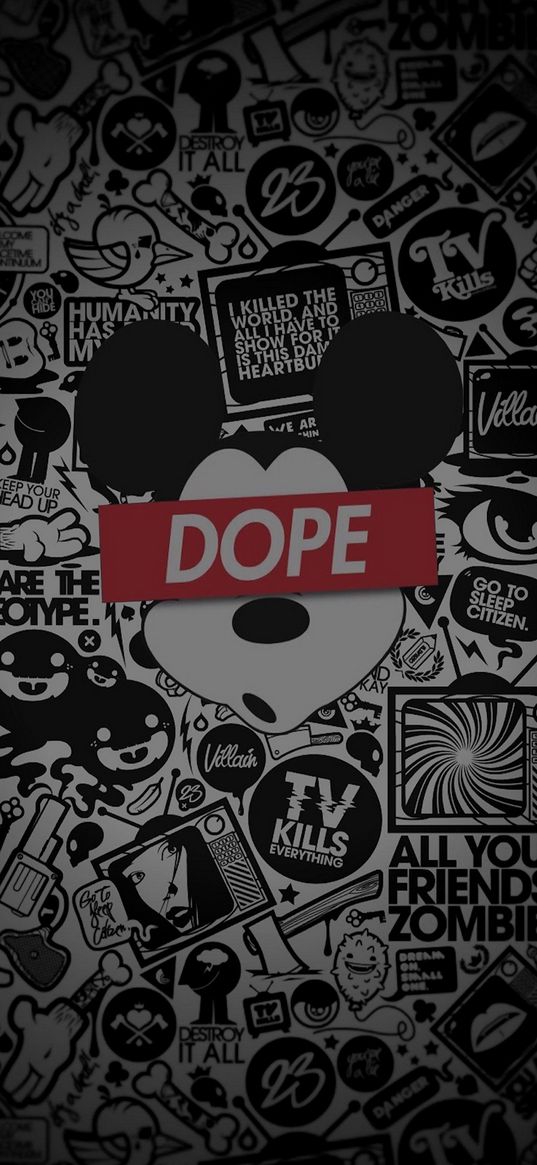 mickey mouse, dope, inscription, art