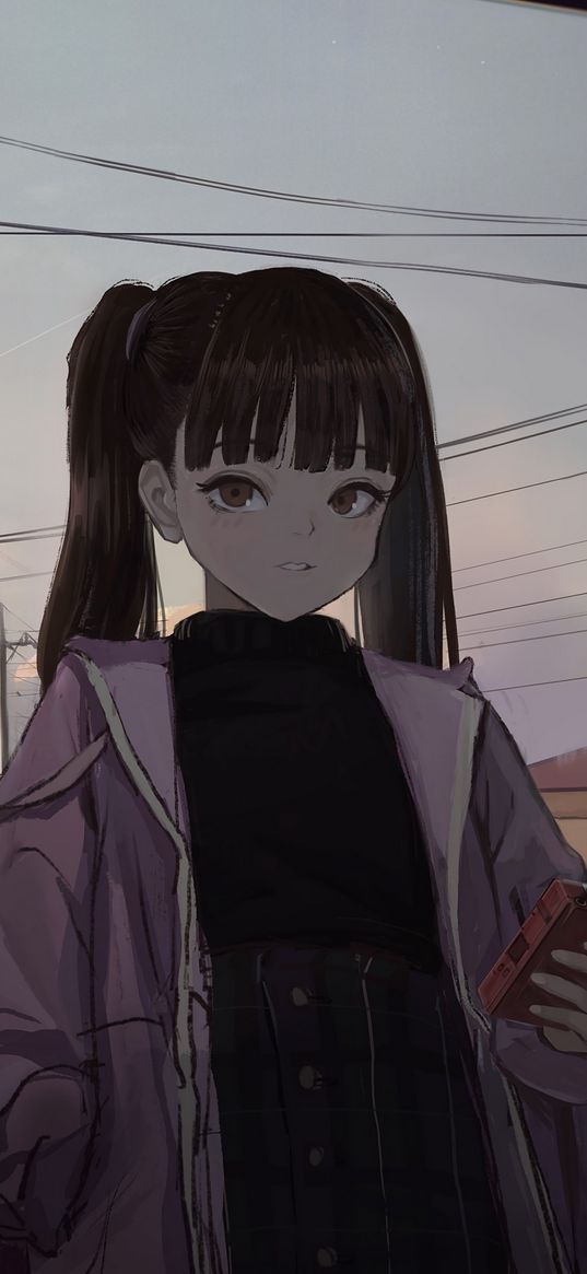 girl, ponytails, jacket, twilight, anime