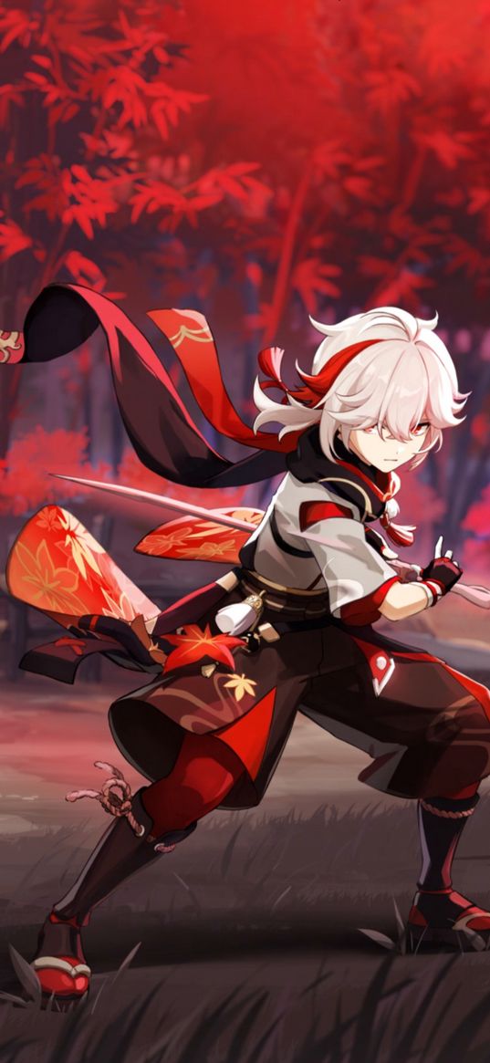 genshin impact, kazuha, game, anime, red