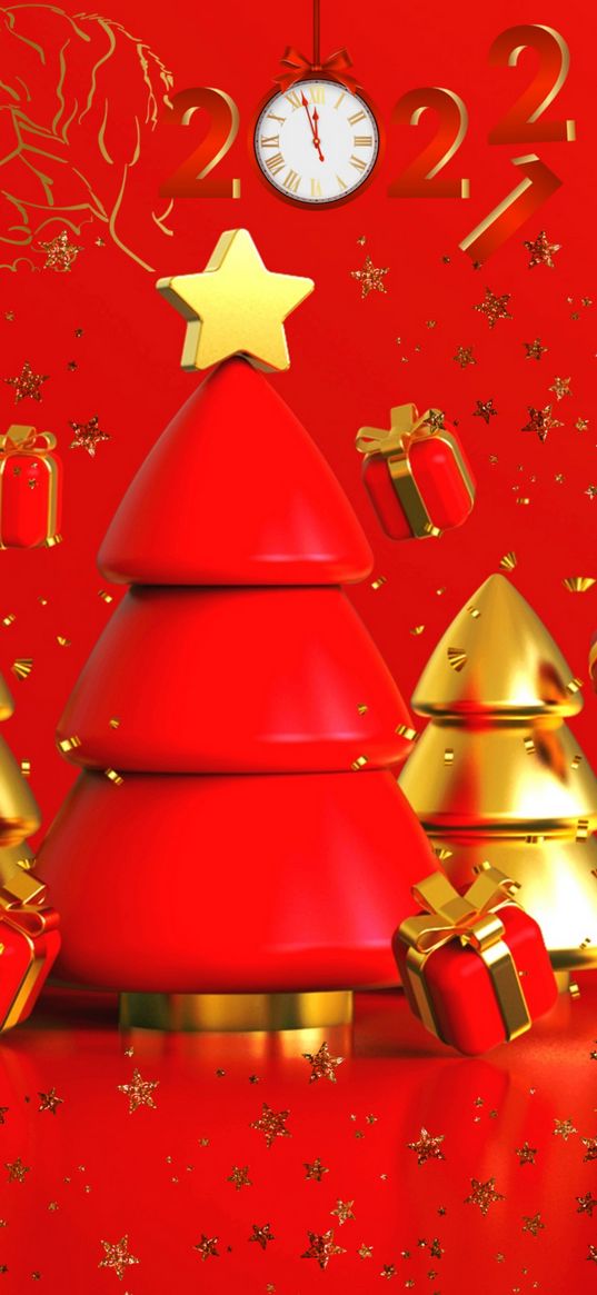 christmas tree, new year, christmas, presents, 2022, red