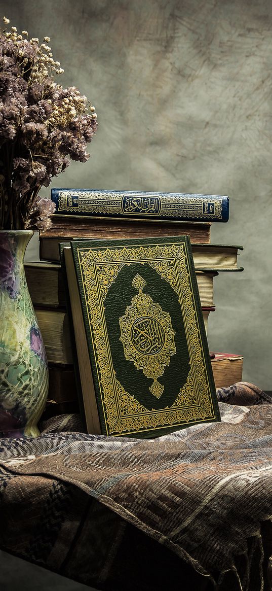 books, flowers in a vase, quran, islam, arabic