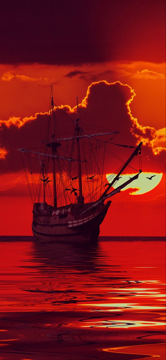 picture, ship, red background