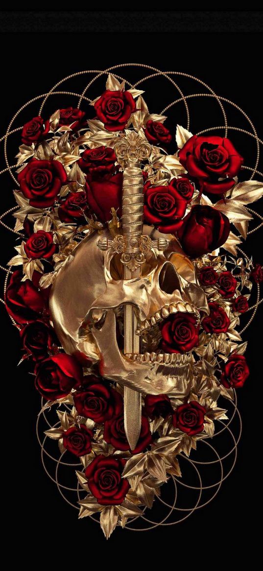 roses, gold, sword, skull