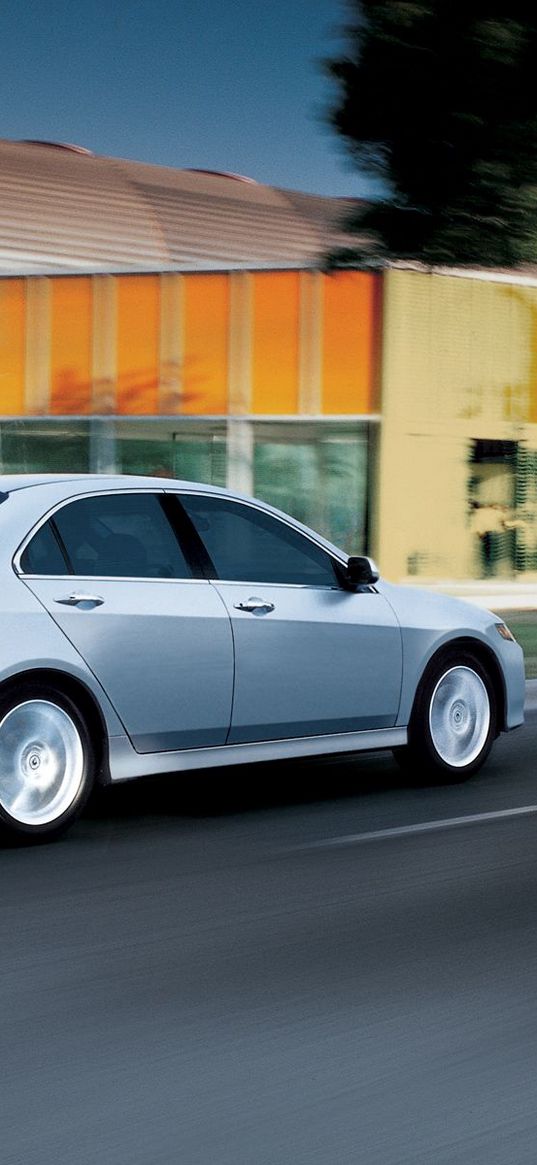 acura, tsx, 2006, silver metallic, side view, style, cars, speed building, tree, asphalt