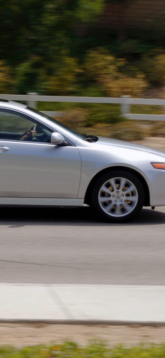 acura, tsx, 2006, silver metallic, side view, style, cars, speed, nature, trees, asphalt