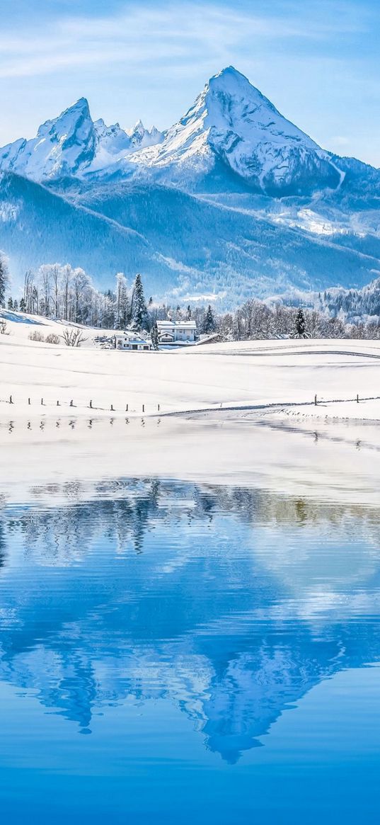 mountains, lake, trees, snow, blue sky