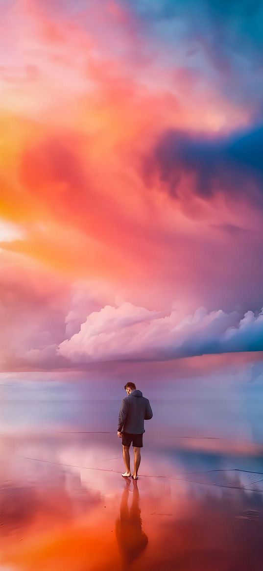 colorful sky, man, sand, clouds