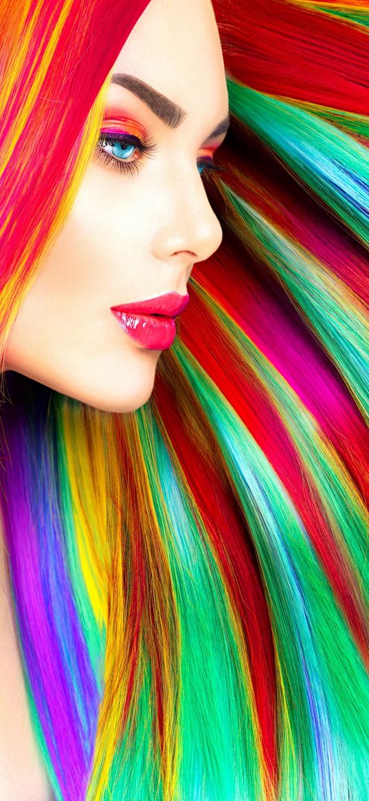 girl, hair, rainbow background, art