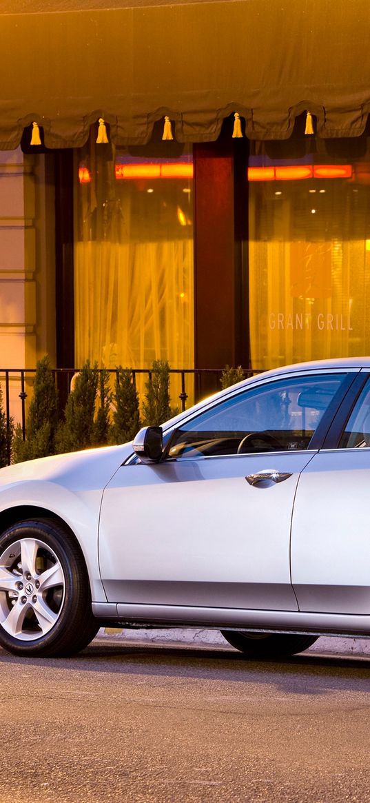 acura, tsx, 2008, silver metallic, side view, style, cars, street, building, shrubs, asphalt