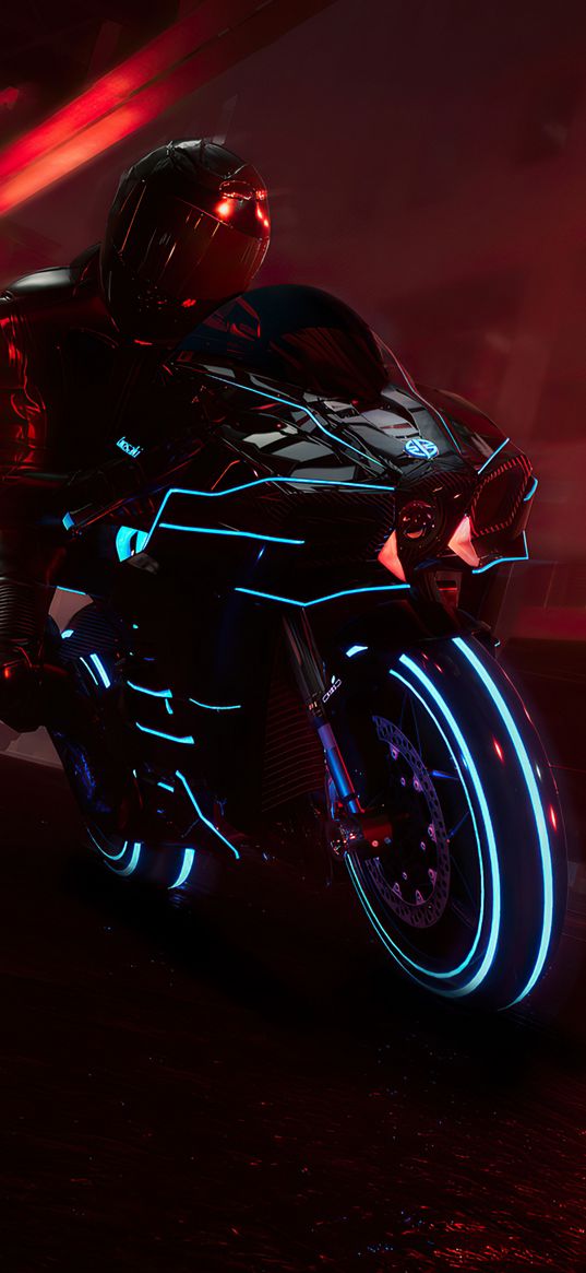 motorcycle, neon, red background