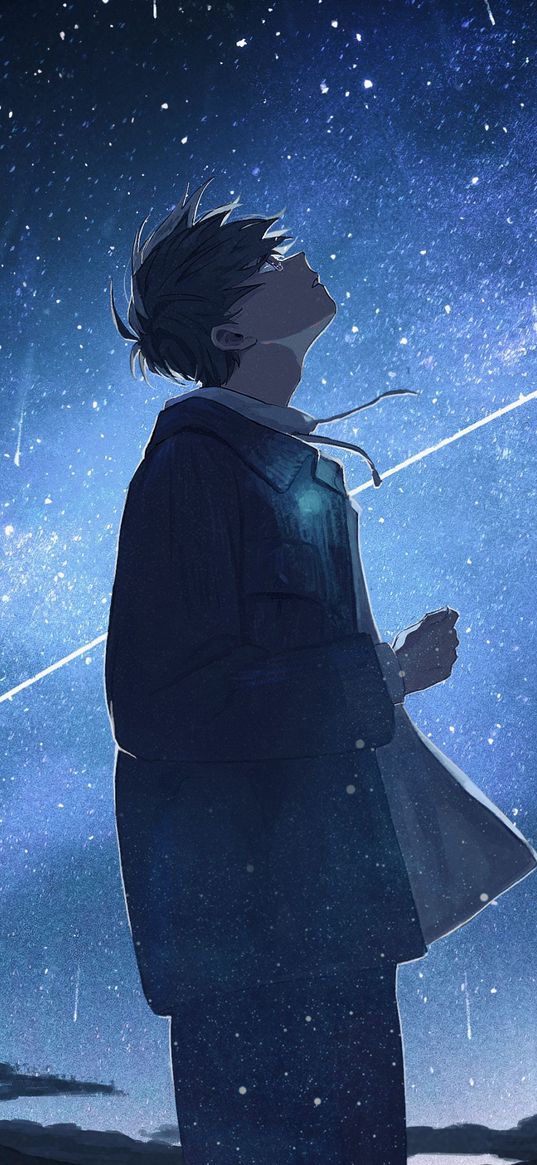 guy, blue sky, stars, starfall, anime