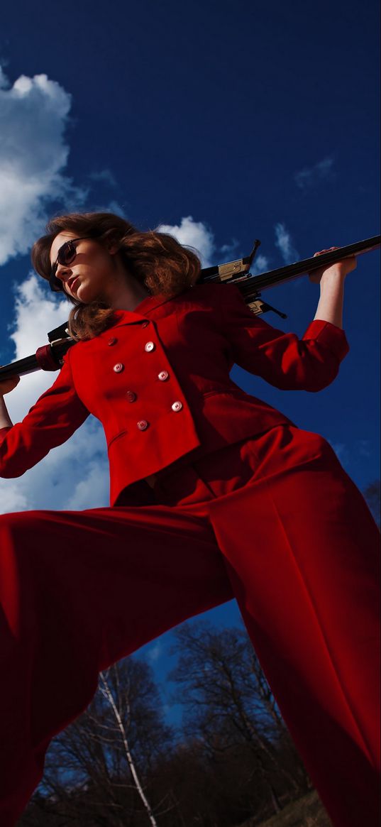 girl, red suit, sky