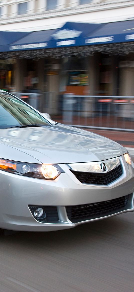 acura, tsx, 2008, silver metallic, side view, style, cars, speed, street, building, asphalt