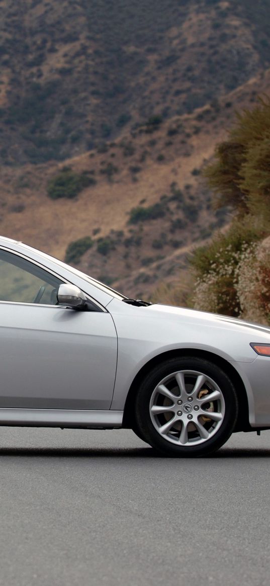 acura, tsx, 2006, silver metallic, side view, style, cars, nature, grass, mountains