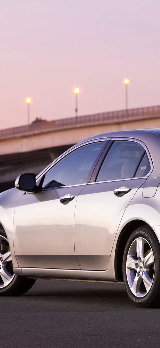 acura, tsx, 2008, silver metallic, side view, style, cars, bridges, lights, asphalt