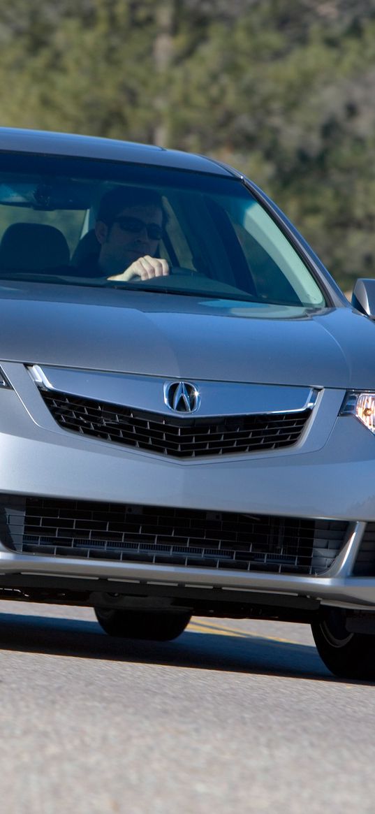 acura, tsx, 2008, gray metallic, front view, style, cars, nature, tree, asphalt