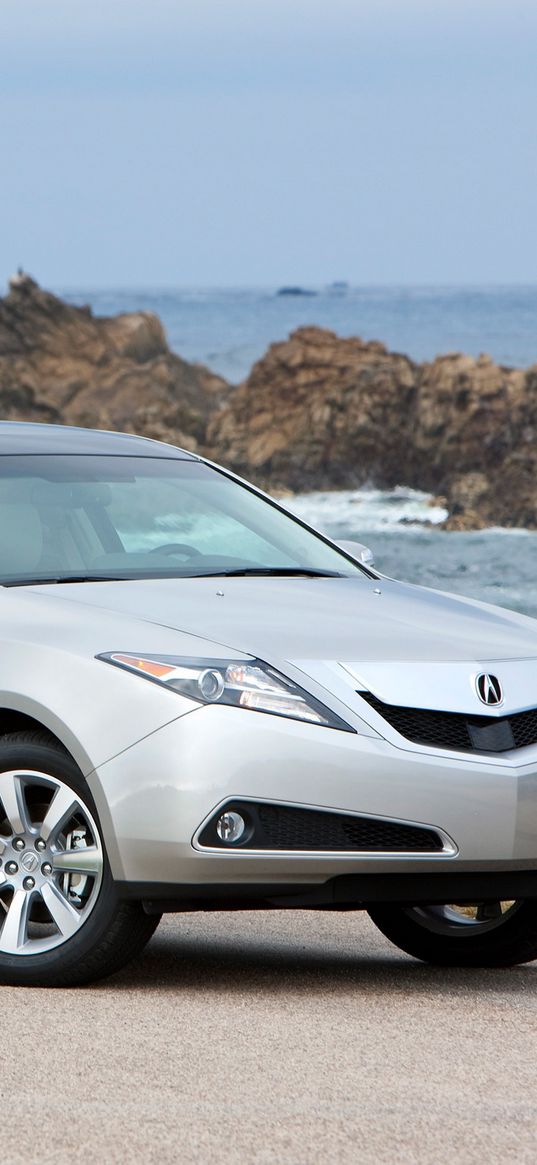 acura, zdx, 2009, silver metallic, side view, style, cars, sky, sea surf, rocks