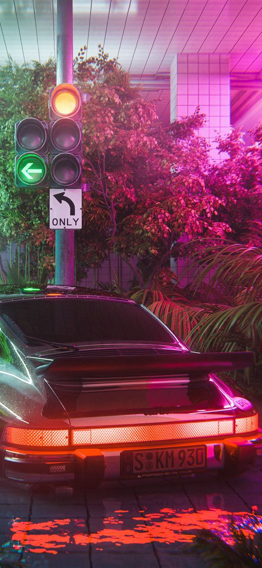 car, retro, lights, traffic light, art