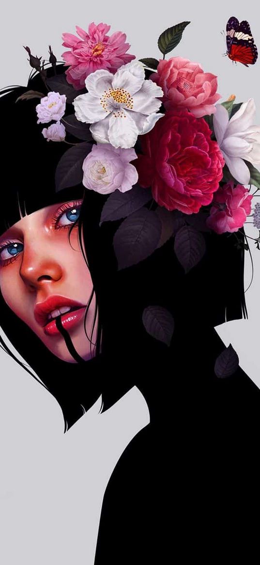 girl, black hair, flowers, butterfly, illustration, art