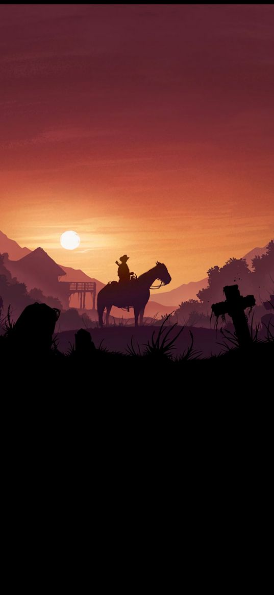 cowboy, horse, evening, sunset, red