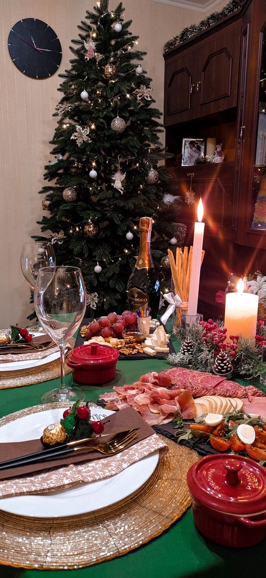 setting, table, food, tree, candles, new year