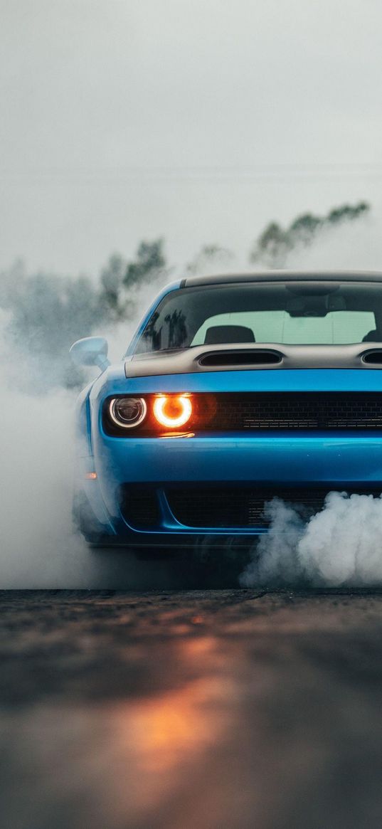 dodge challenger, car, smoke, blue