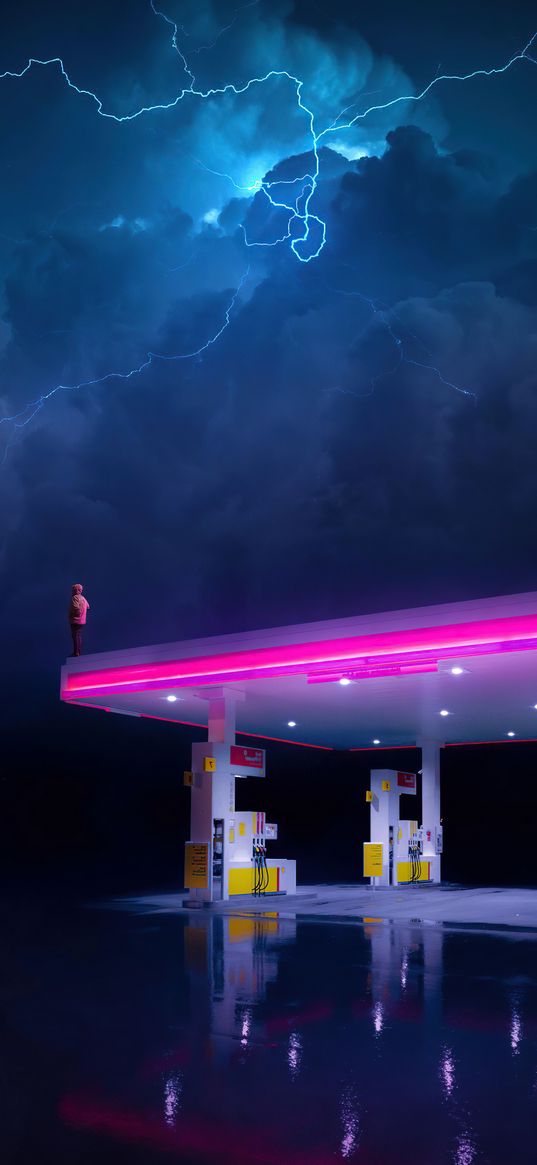 thunderstorm, roof, guy, disappointment, neon colors