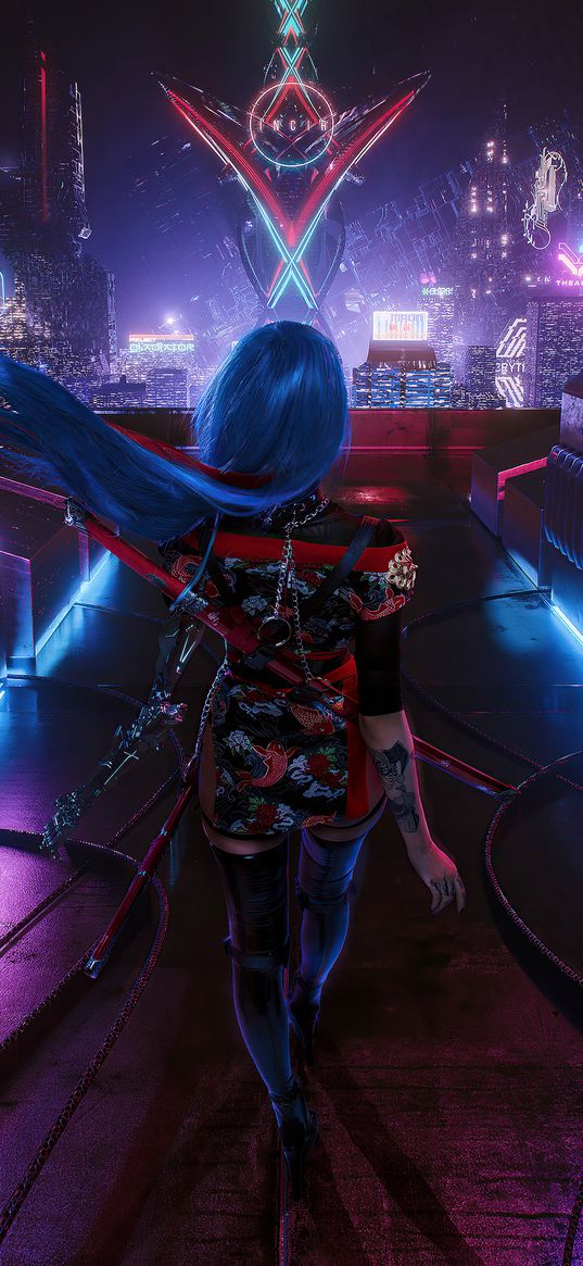 girl, cyberpunk, neon, bright hair