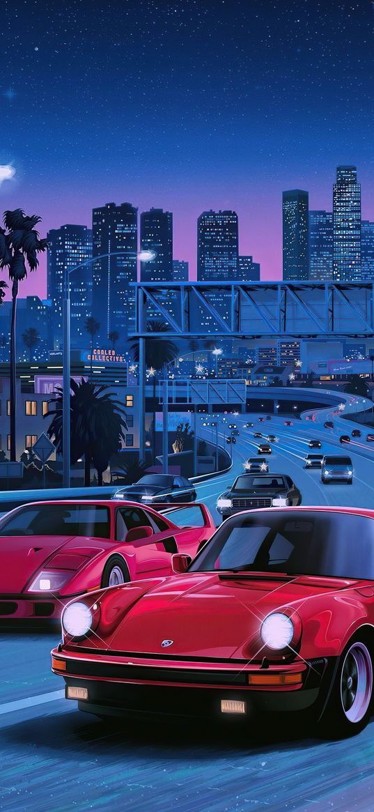 porsche, ferrari, cars, art, road, evening city, red