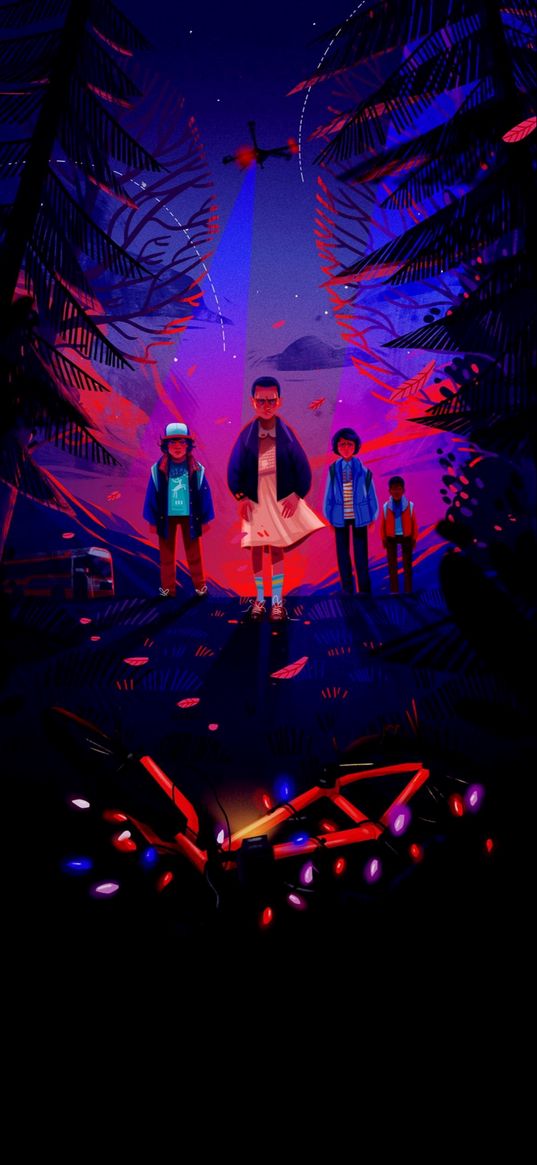 stranger things, children, garland, forest, neon color, digital art