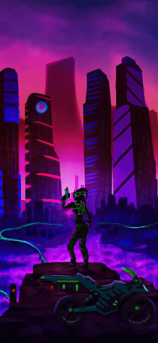 neon robot, hunter, motorcycle, city