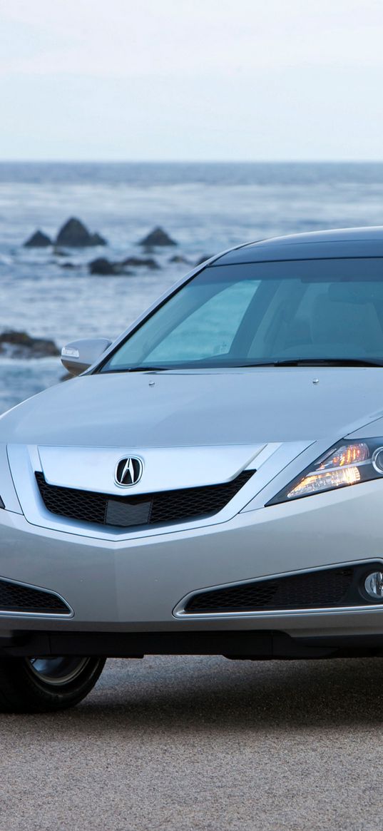 acura, zdx, 2009, silver metallic, front view, style, cars, sea, rocks, asphalt