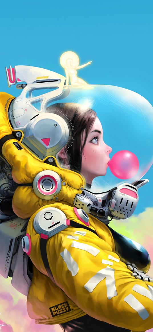 girl, astronaut, space, gum, bubble, yellow jacket