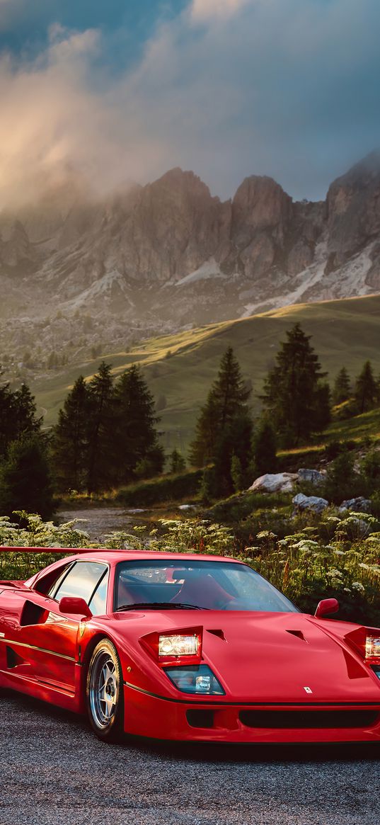 ferrari f40, ferrari, car, red car, red, nature, mountains