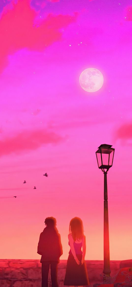 couple, pink sky, pink, sky, romantic, street lamp