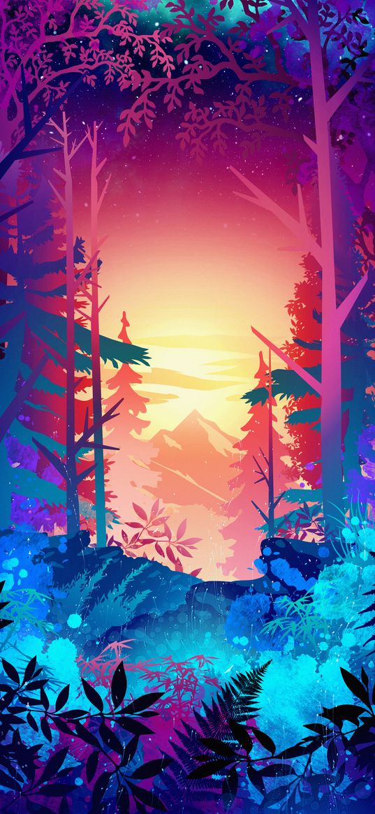 mountains, forest, trees, art, bright