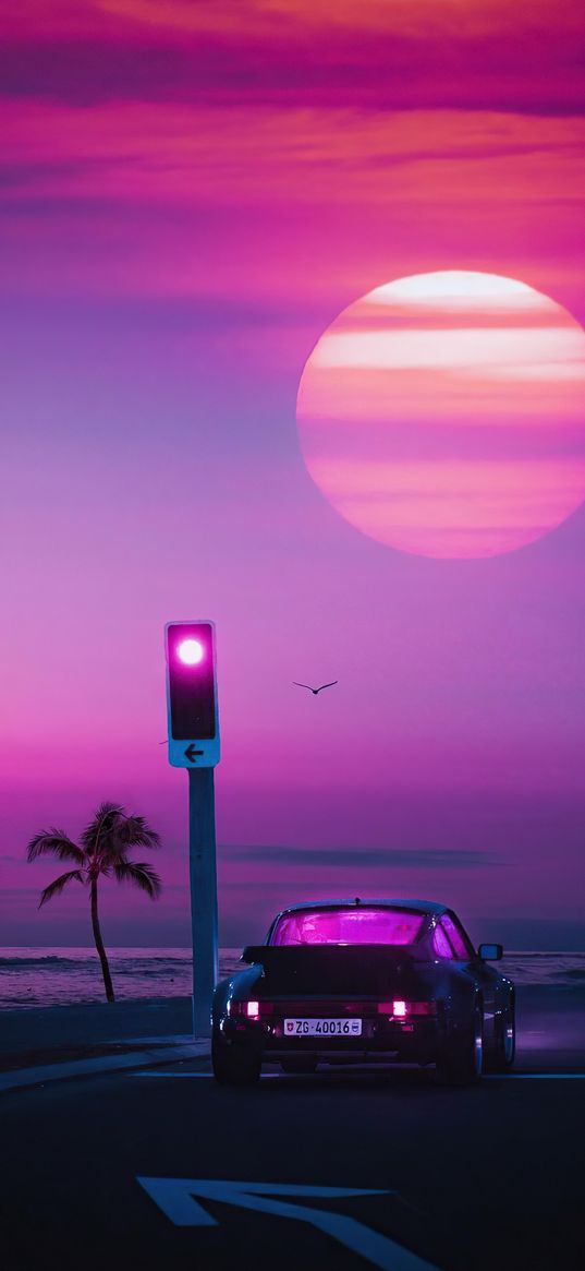 porsche, car, miami, sunset, palm tree, traffic light, trip, art