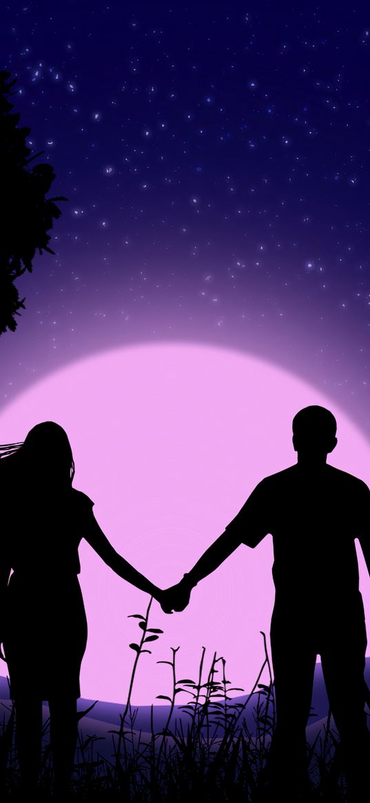 couple, moon, stars, hands, night, love