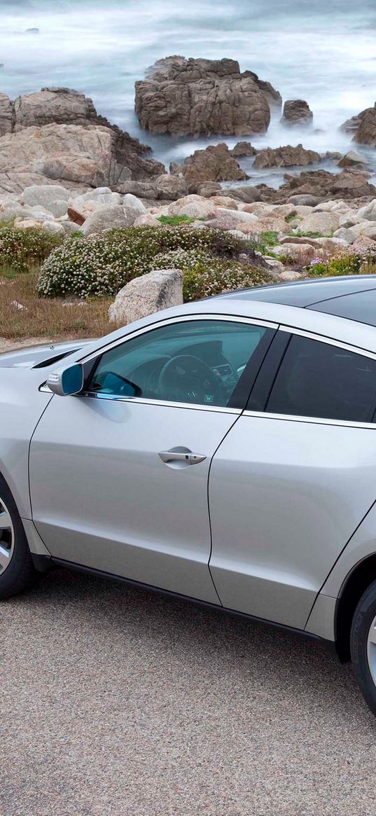 acura, zdx, 2009, metallic silver, top view, style, cars, nature, sea, grass, asphalt