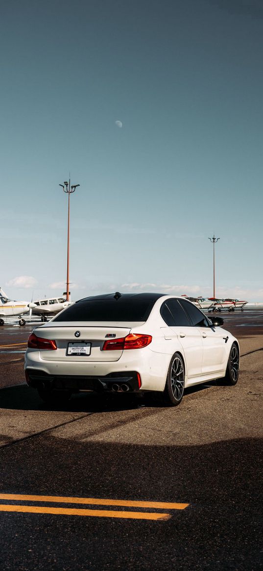 bmw, car, white, rear view, road, airfield