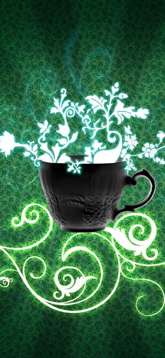 cup, flowers, green background