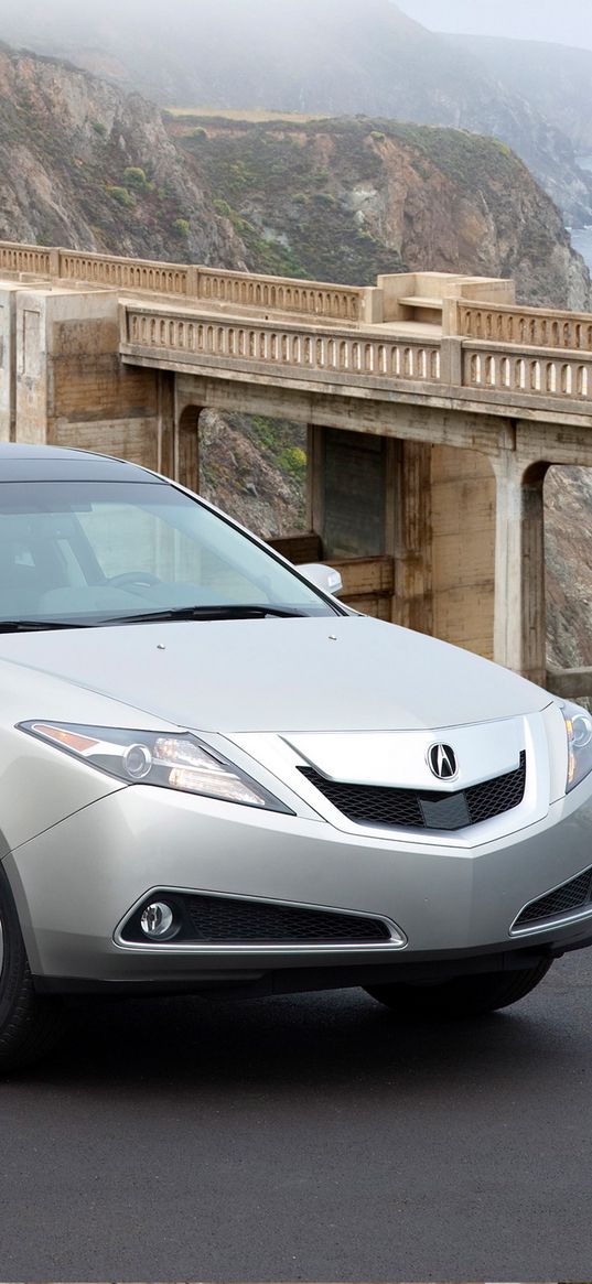 acura, zdx, 2009, silver metallic, side view, style, cars, nature, bridge, mountains, grass, sea