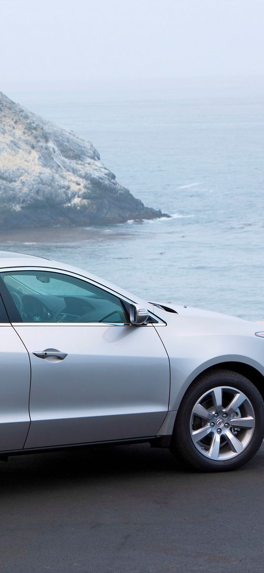 acura, zdx, 2009, silver metallic, side view, style, cars, sea, rocks