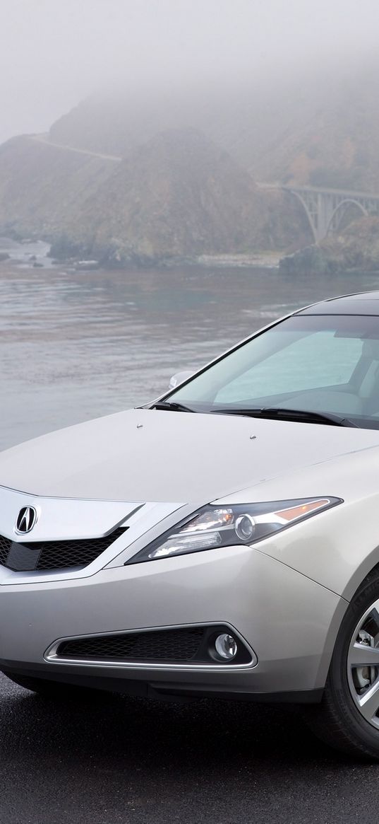 acura, zdx, 2009, silver metallic, side view, style, cars, fog, mountains, sea, bridge